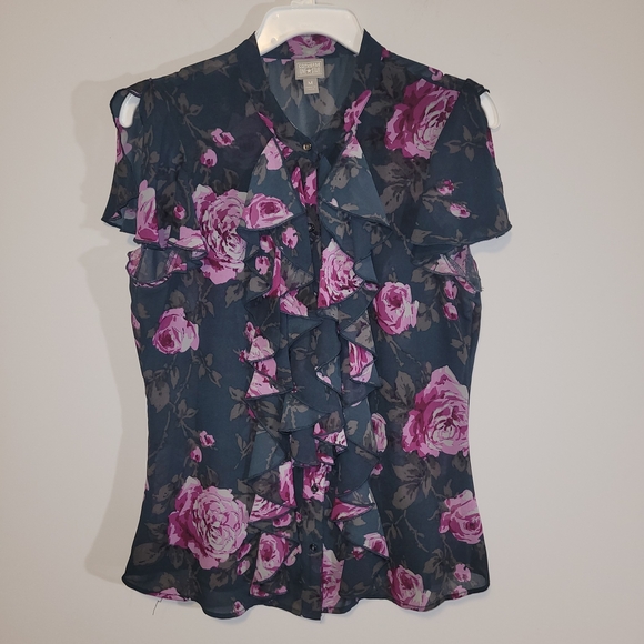 Converse One Star Floral Ruffle Chiffon Blouse Sheer Romantic Top M - Picture 3 of 7